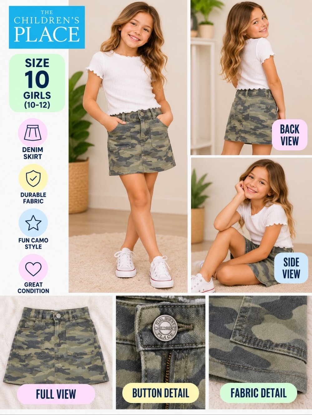 Children's Place girls size 10 green camo denim skirt #01